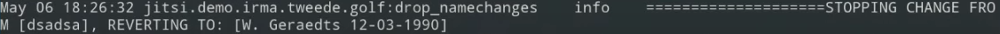 Jitsi module log illustrating that nickname changes are not allowed.